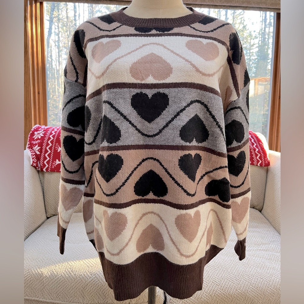 Brown Grey Heart Pattern Crew Neck Pullover Sweater